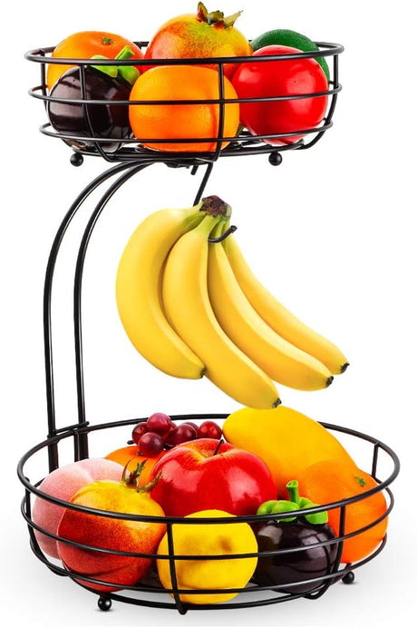Auledio Iron 2-Tier Countertop Fruit Vegetables Basket Bowl Storage with Banana Hanger, Black, 64 Ounces