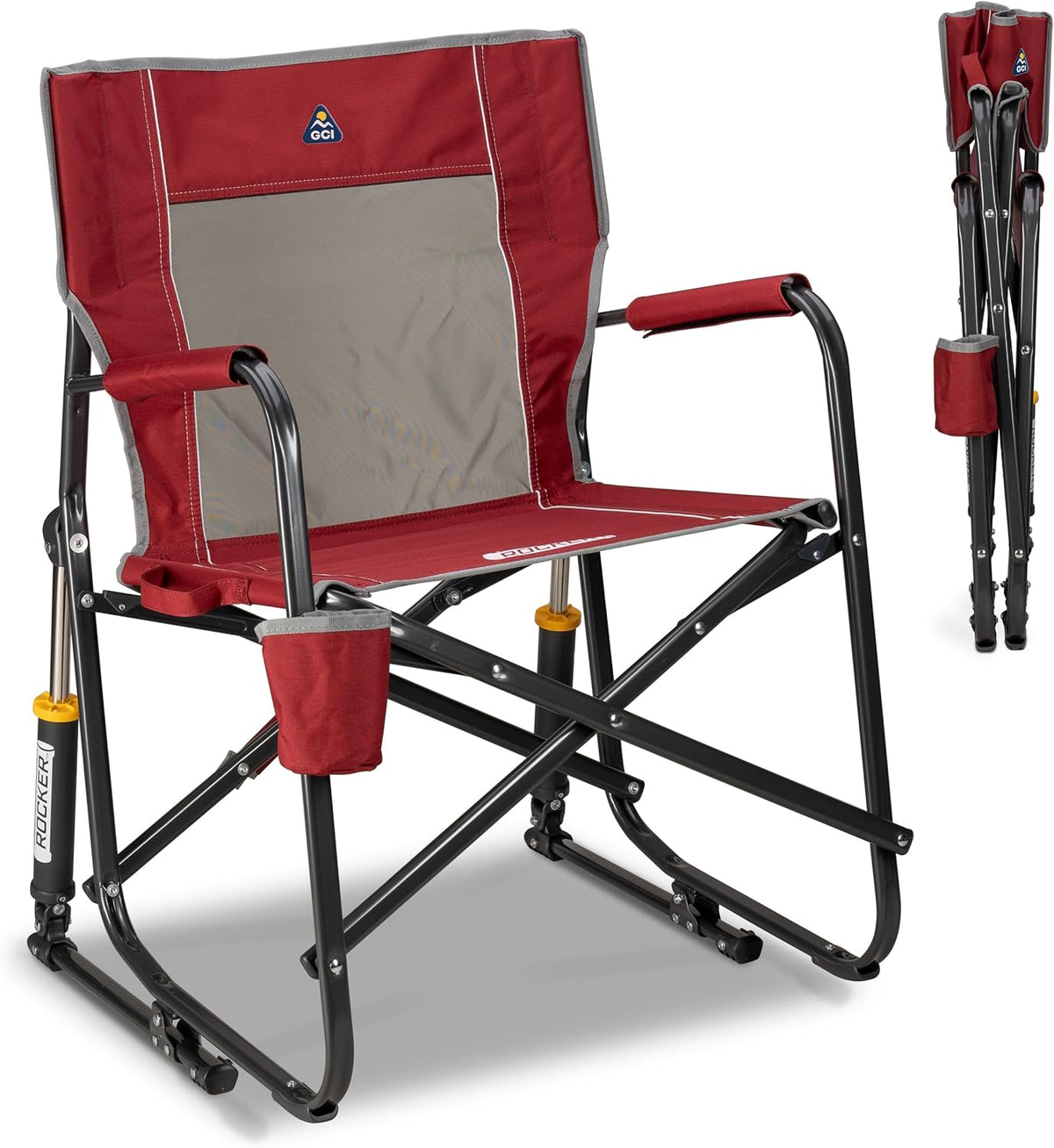GCI Outdoor Freestyle Rocker Camping Chair | Portable Folding Rocking Chair with Solid, Durable Armrests, Drink Holder & Comfortable Backrest — Cinnamon