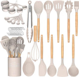 Umite Chef Kitchen Cooking Utensils Set, 33 Pcs Non-Stick Silicone Cooking Kitchen Utensils Spatula Set with Holder, Wooden Handle Silicone Kitchen Gadgets Utensil Set (Khaki)