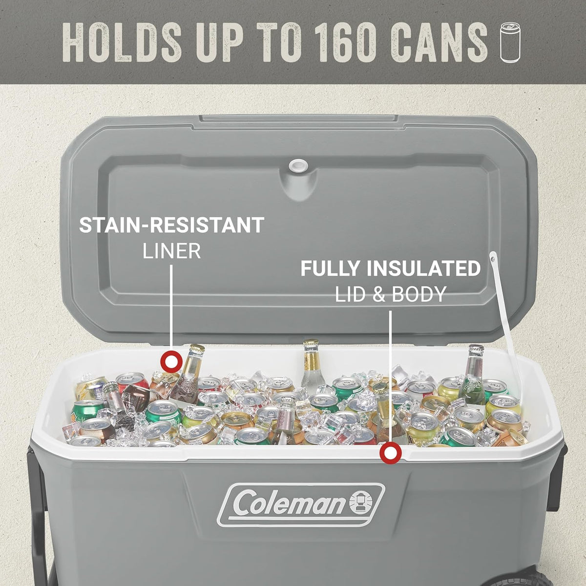Coleman Classic Series Insulated Portable Rolling Cooler with Wheels, Leak-Resistant Outdoor Hard Cooler Keeps Ice up to 5 Days, 65-Quart