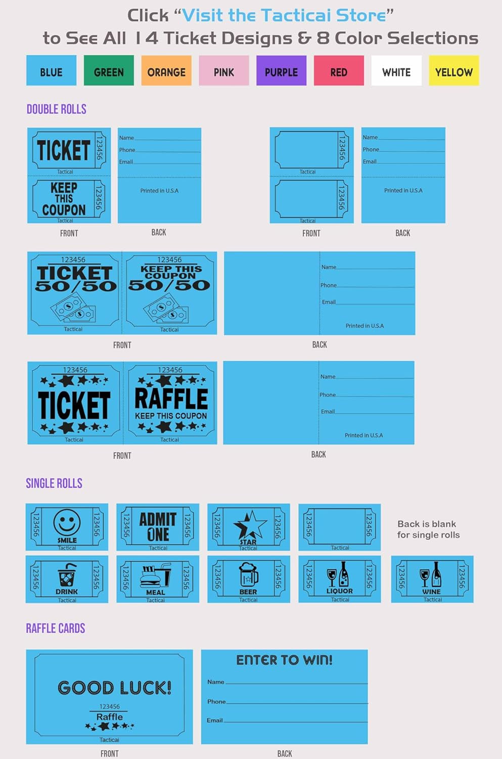 1000 Tacticai Raffle Tickets, Blue (1 of 8 Colors), Double Roll, Ticket for Events, Entry, Class Reward, Fundraiser & Prizes