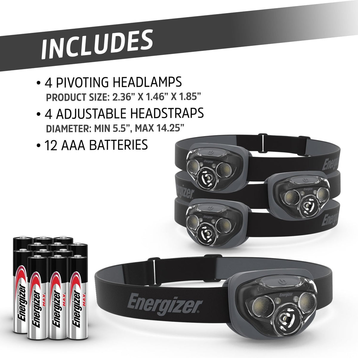 Energizer PRO-260 LED Headlamp (4-Pack), IPX4 Water Resistant Headlamps, High-Performance Head Light for Outdoors, Camping, Running, Storm, Survival LED Light for Emergencies (Batteries Included)