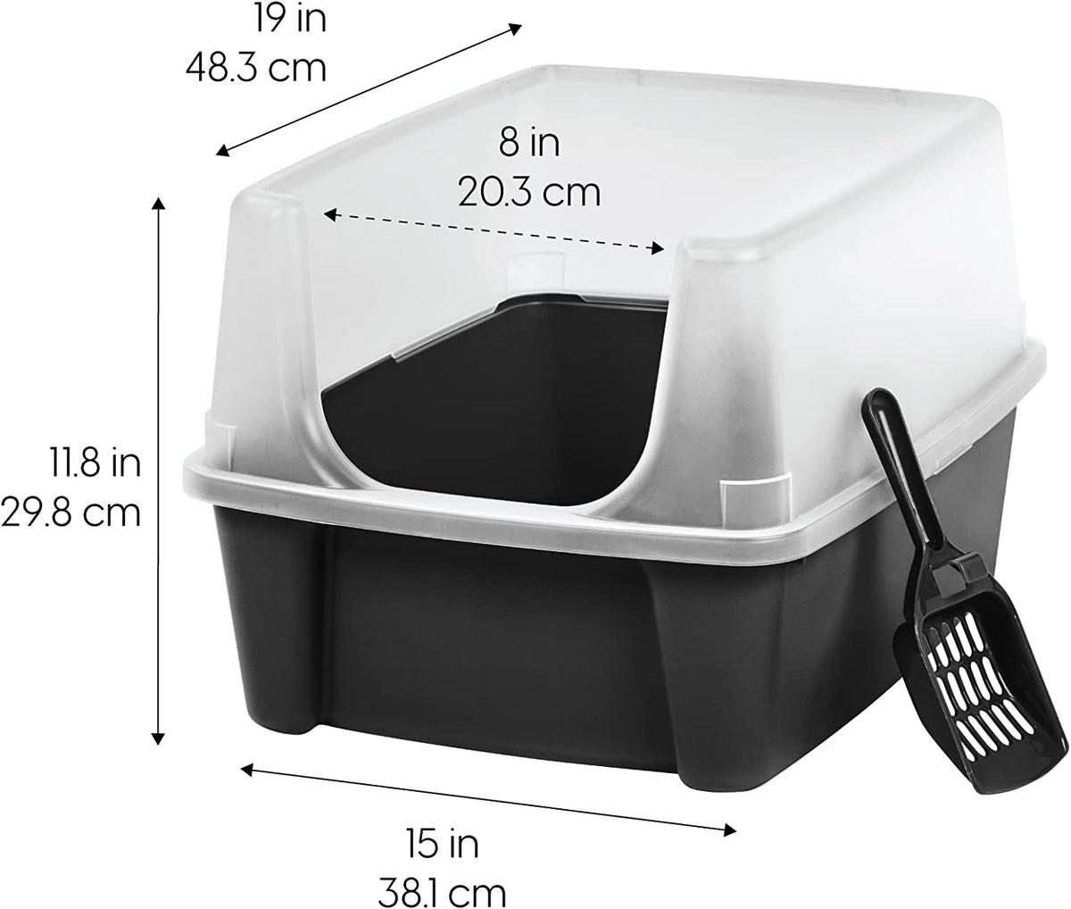 IRIS USA Cat Litter Box Large Open Top with High Sided Walls Tall Scatter Shield Scoop Included Easy Clean Plastic Pan Stain Resistant for Big Cats Kittens Indoor Multi-Cat Households