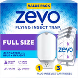 Zevo Flying Insect Trap & 3 Refill Cartridges - Plug in Fly Trap & Indoor Bug Catcher for Gnats, House & Fruit Flies - Blue & UV Light Technology, Mess-Free Alternative to Bug Zapper